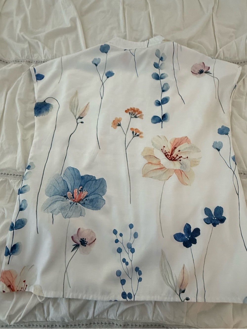 Floral White Bedding Top with Blue & Peach Blooms